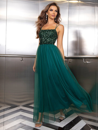 Summer Sexy Sequin Gauze Stitching Evening Dress Contrast Color Sequined Mesh Camouflage Dress
