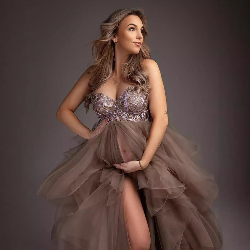 Big belly photography pregnancy dress fluffy tulle off-the-shoulder front open maternity dress
