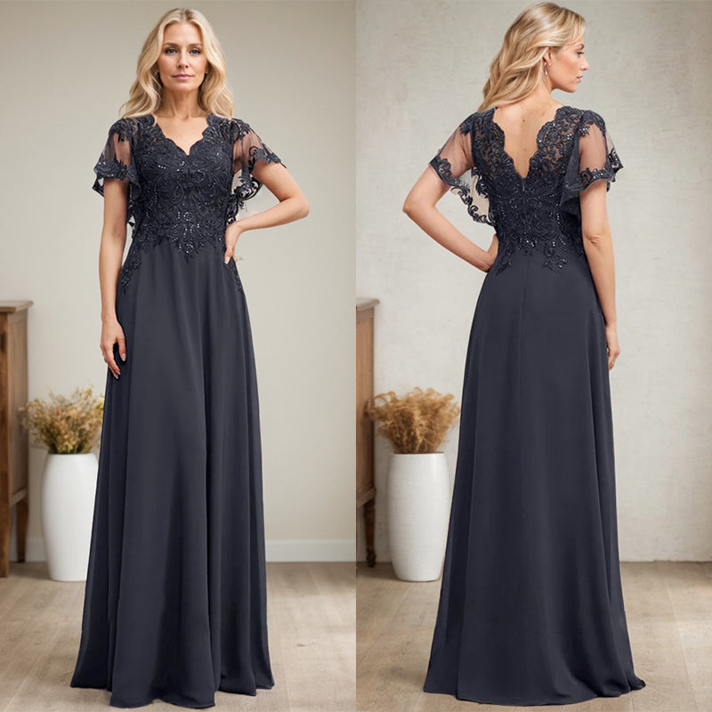 A-Linie V-Ausschnitt Bodenlanges Spitzen-Chiffon-Kleid für die Brautmutter mit Pailletten 