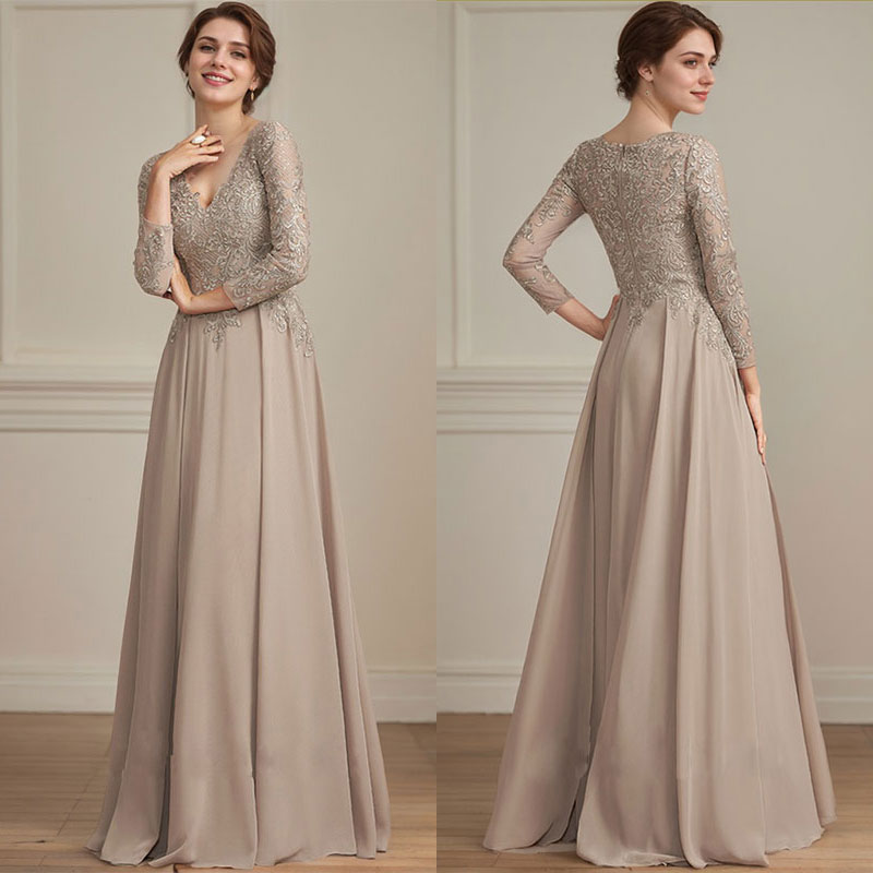 Robe de mère de la mariée en mousseline de soie à dentelle, longueur au sol, en ligne A, col en V, ornée de paillettes