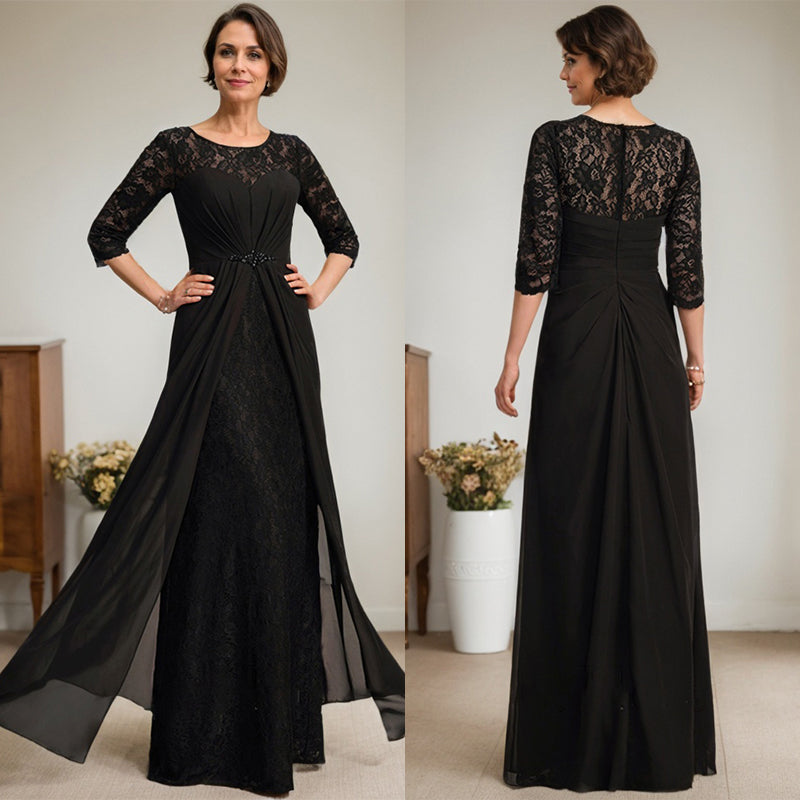 A-Linie U-Ausschnitt Illusion Bodenlang Spitzen Chiffon Mutter der Braut Kleid mit Perlenbesatz Rüschen 