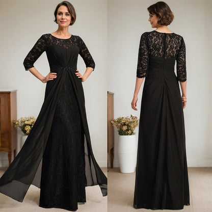 A-Linie U-Ausschnitt Illusion Bodenlang Spitzen Chiffon Mutter der Braut Kleid mit Perlenbesatz Rüschen 