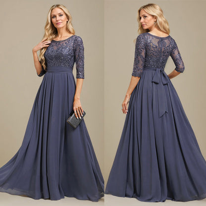 A-Linie U-Ausschnitt Bodenlang Spitzen-Chiffon-Kleid für die Brautmutter mit Paillettenapplikation 
