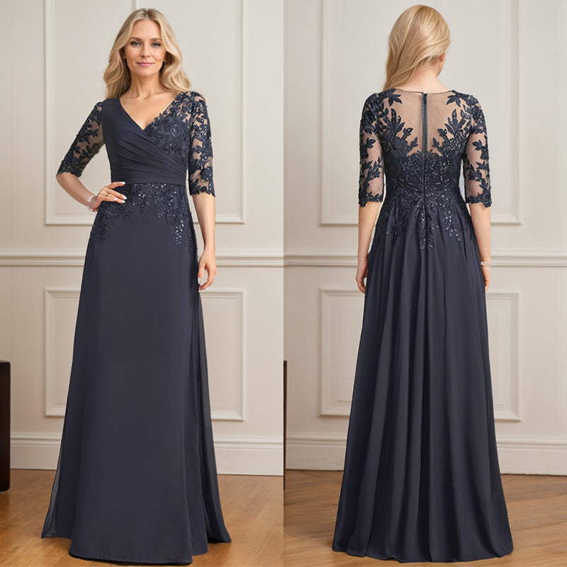 A-Linie, V-Ausschnitt, bodenlanges Spitzen-Chiffon-Kleid für die Brautmutter mit plissierten Pailletten 