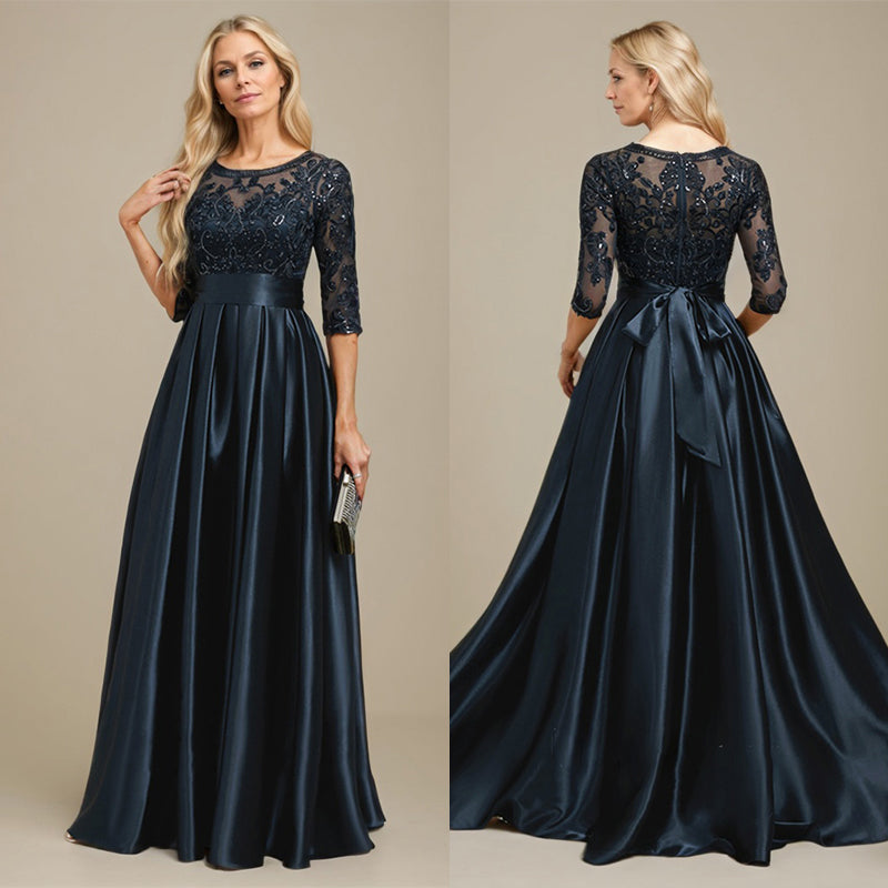 A-line Scoop Illusion Floor-Length Stretch Satin Lace Mother of the Bride Dress With Bow Sequins