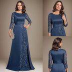 A-Line Scoop Floor-Length Lace Satin Mother Of the Bride Dress With Applique