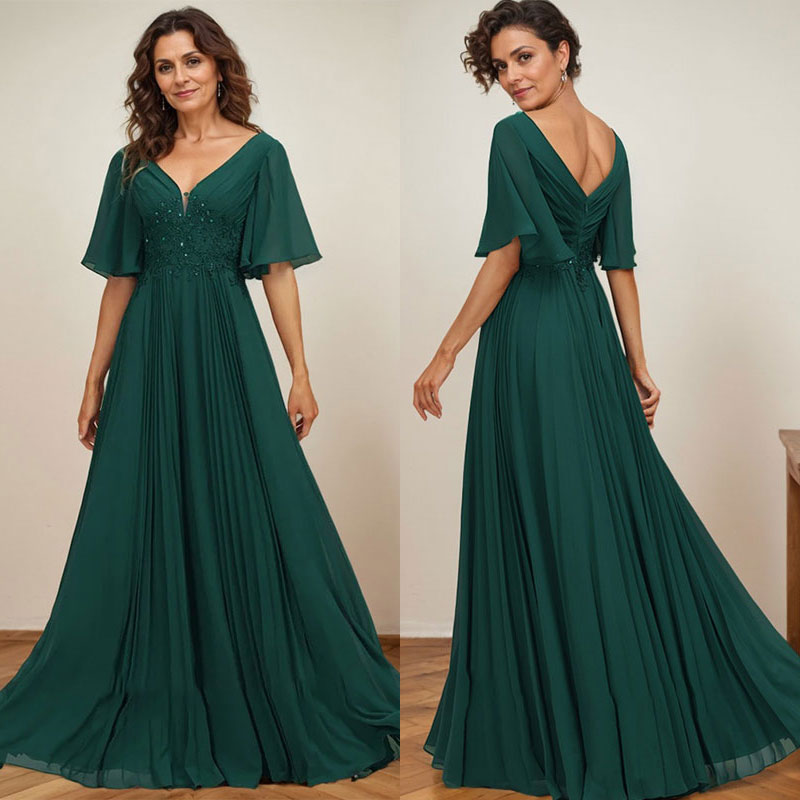 Robe de mère de la mariée en mousseline longueur au sol, coupe en A, col en V, ornée d'appliques en dentelle plissée et de paillettes