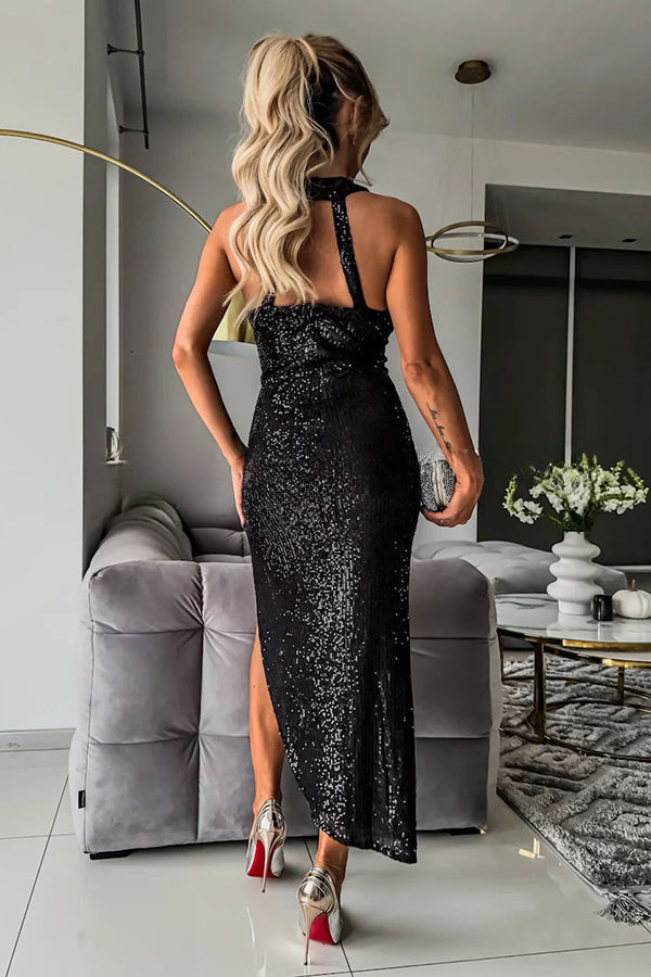 Born To Be A Star – Asymmetrisches Midikleid mit Pailletten und Netzstoff, Cut-Out-Taille 