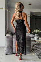 Born To Be A Star – Asymmetrisches Midikleid mit Pailletten und Netzstoff, Cut-Out-Taille 