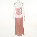 Abito lungo da sera rosa sirena sexy, abito da sera rosa scollato sulla schiena Y1933