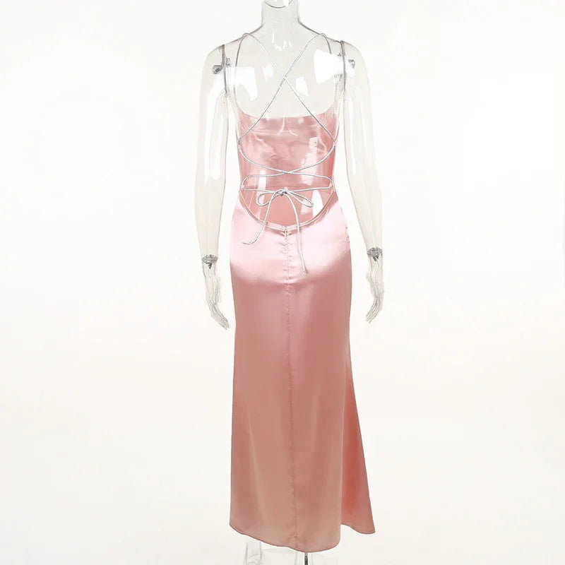 Abito lungo da sera rosa sirena sexy, abito da sera rosa scollato sulla schiena Y1933