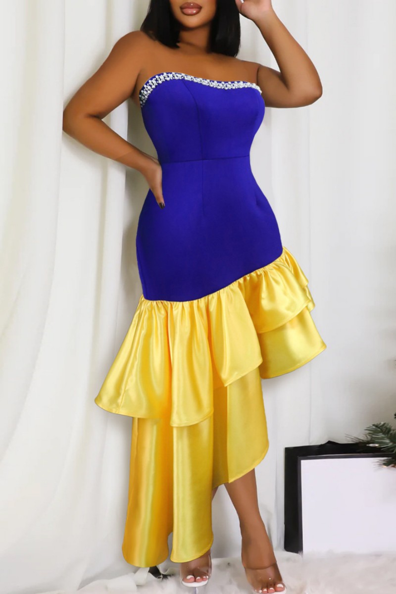 Sexy formelle Patchwork-Kleider mit rückenfreiem, asymmetrischem, kontrastierendem, trägerlosem Abendkleid 