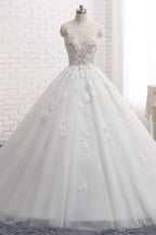 Romantic Long Train Sleeveless Tulle Wedding Dress With Appliques Lace