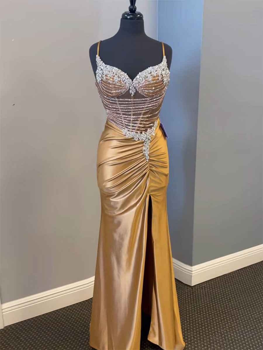 Gold Plunging V Neck Beaded Bodice Satin Prom Dress With Slit