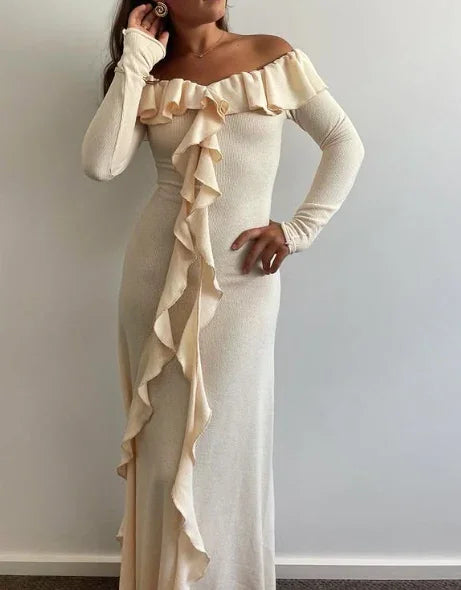 Elegante abito lungo crema da sera con spalle scoperte, volant e spacco, abito da festa Y7975