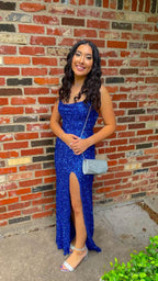 Abito lungo da sera blu reale con paillettes e spacco laterale, elegante vestito da cerimonia Y128