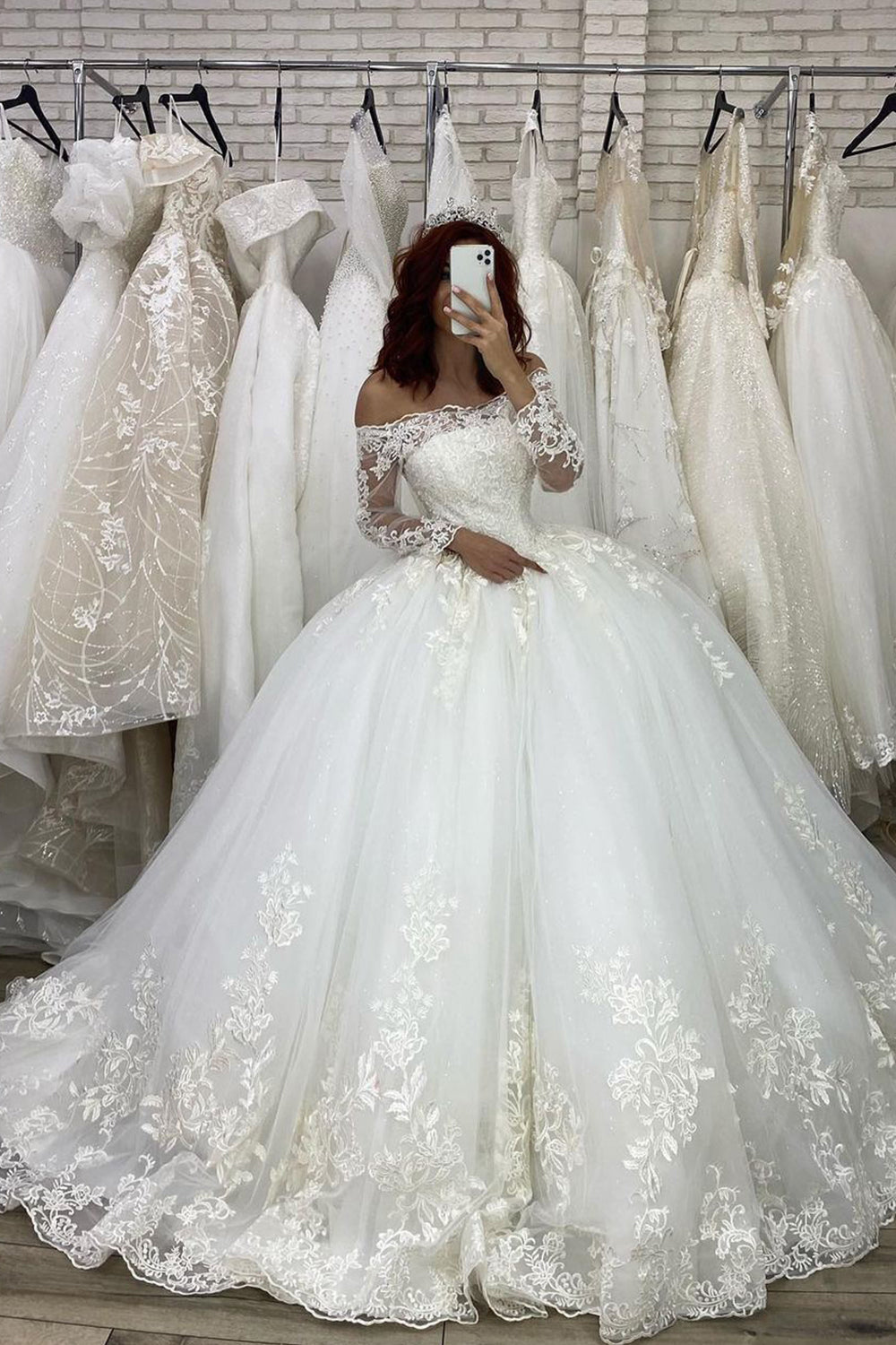 Chic Long Sleeves Off The Shoulder Ball Gown Wedding Dress With Appliques