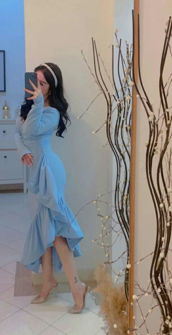 Vestido de Baile Formal Azul Elegante com Decote em V e Cauda de Sereia Y8181