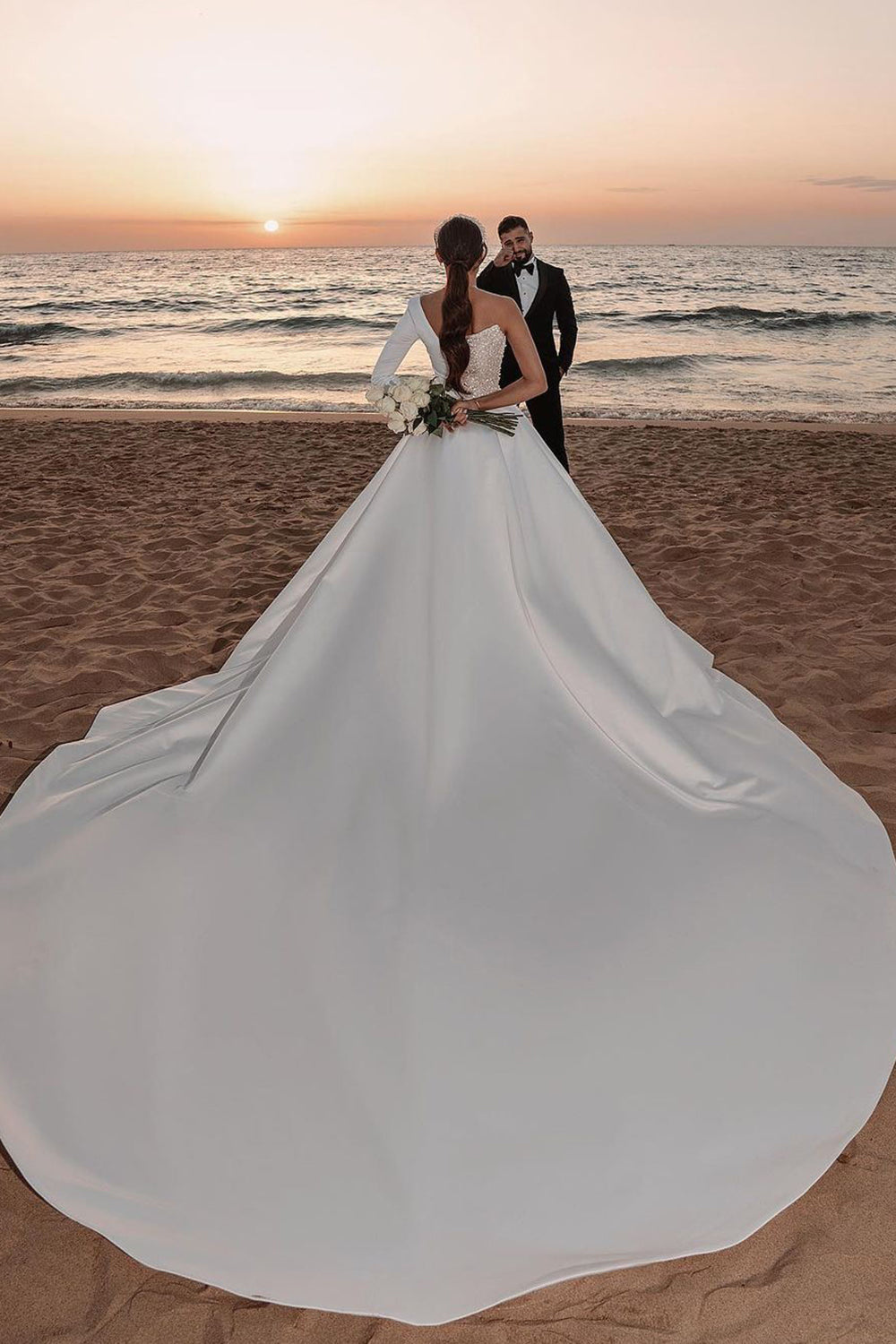 One Shoulder A Line Long Wedding Dress With Sequins