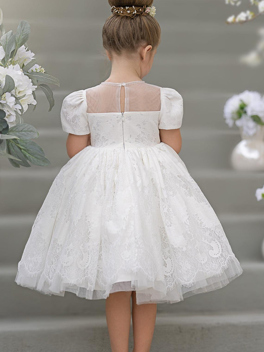 Lace First Communion Flower Girl Dress With Beading And Zip Back Scoop Neck