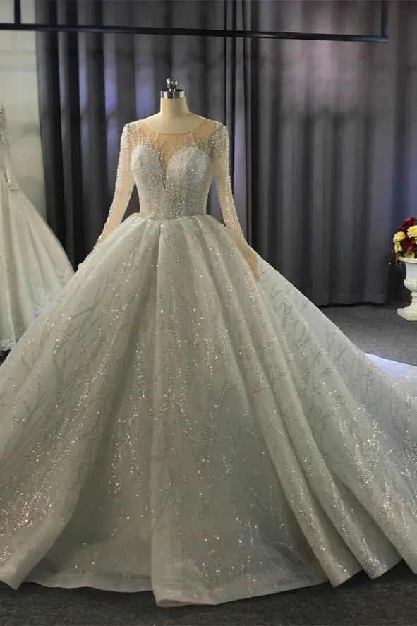 Glamorous Bateau Long Sleeve Floor Length Ball Gown Wedding Dress With Ruffles