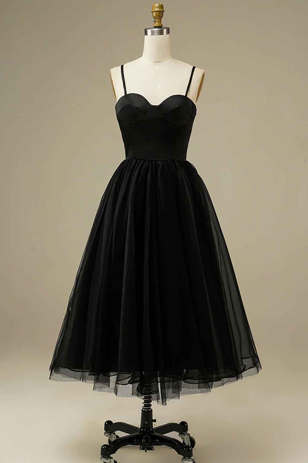 Elegant Black Tulle A Line Spaghetti Strap Midi Prom Dress With Built In Bra And Zipper Back For Evening Formal Parties