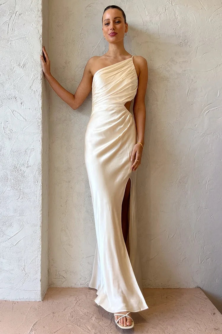 Robe de soirée camisole maxi avec une épaule dénudée et fente haute ruchée