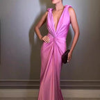 Deep V Sleeveless Backless Solid Color Prom Dress