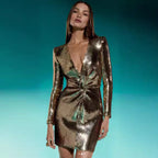 Deep V Sequin Long Sleeve Bodycon Prom Dress
