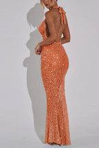 Vestido largo con cuello halter, lentejuelas transparentes y brillo toda la noche 