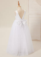 Floor Length V Neck Satin Tulle Princess Flower Girl Dress