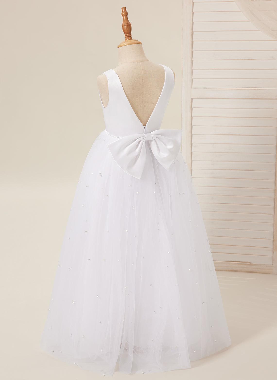 Floor Length V Neck Satin Tulle Princess Flower Girl Dress