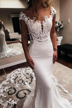 Bmbridal Satin Mermaid Wedding Dress Sleeveless Jewel Neck Chapel Train Lace
