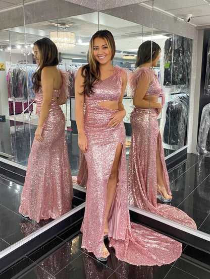 Vestido de fiesta de sirena negro único y brillante con un solo hombro