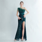 Heavy Industry Ostrich Hair Craft Beading Evening Dress with Side Slit