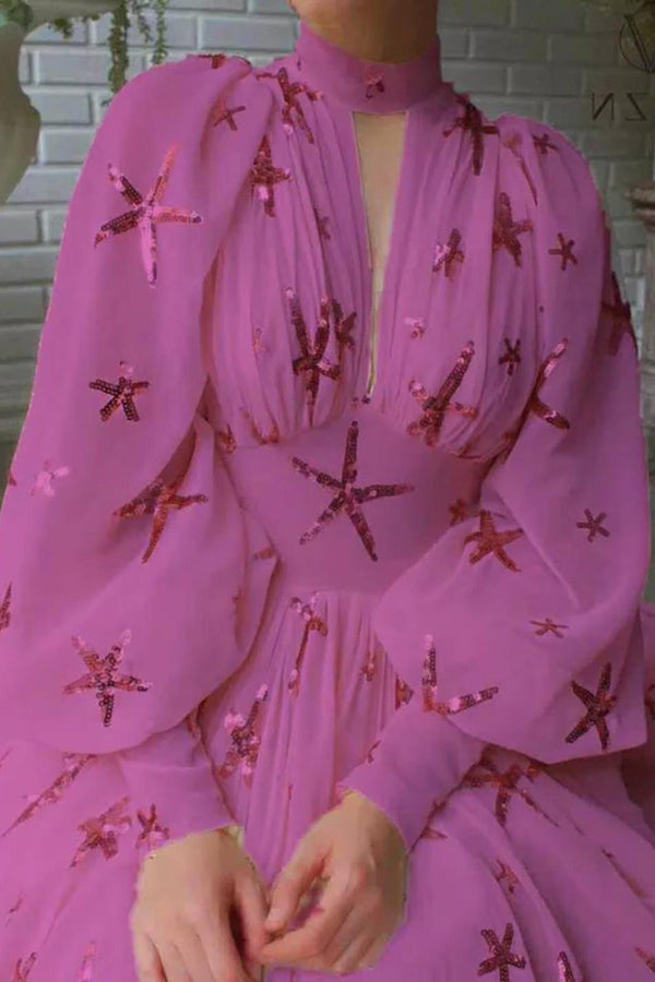 Vestido largo de fiesta de gasa con mangas farol y lentejuelas de estrellas para noche 