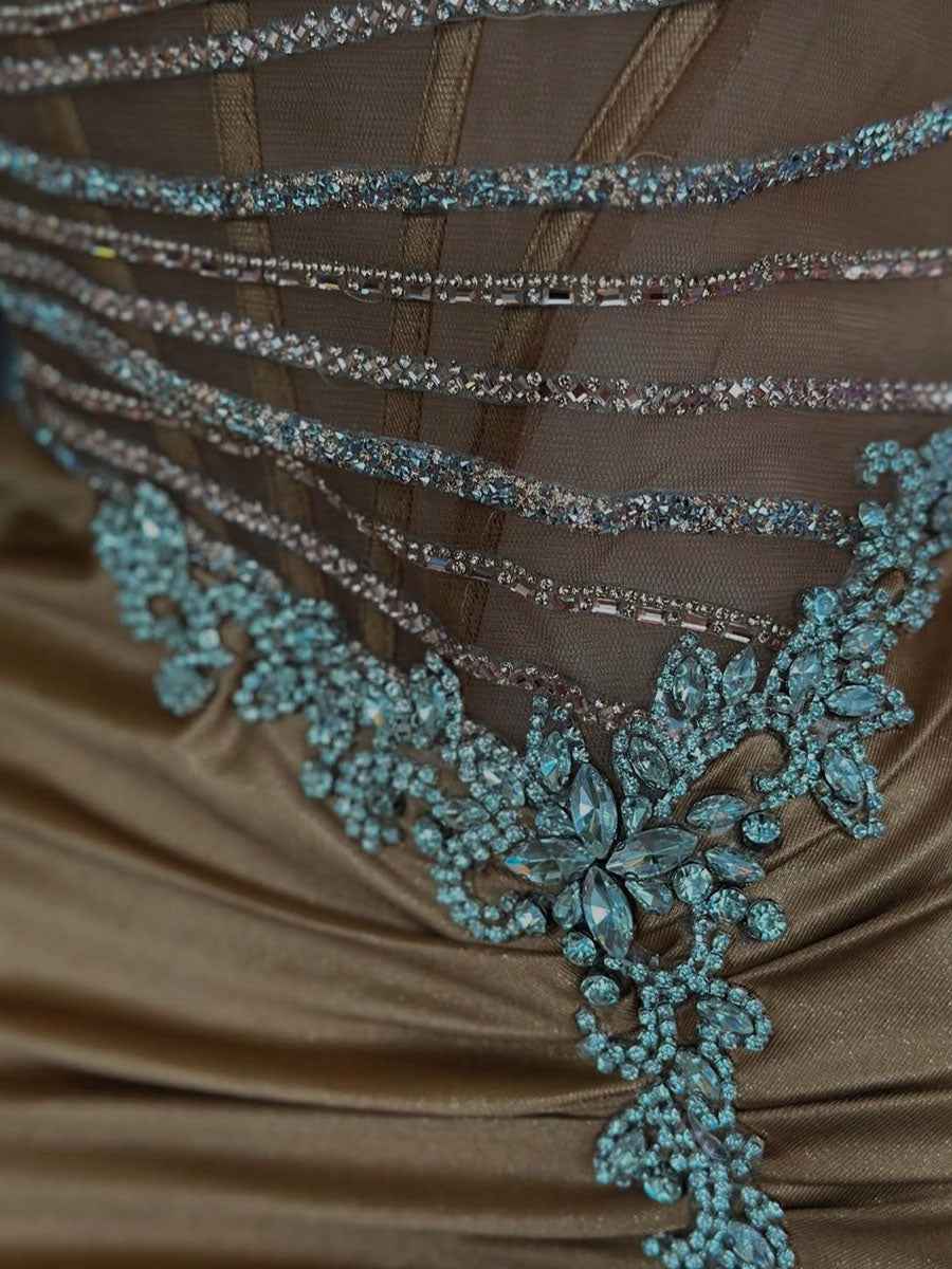 Gold Satin Prom Dress With Beaded Corset Bodice And Side Slit
