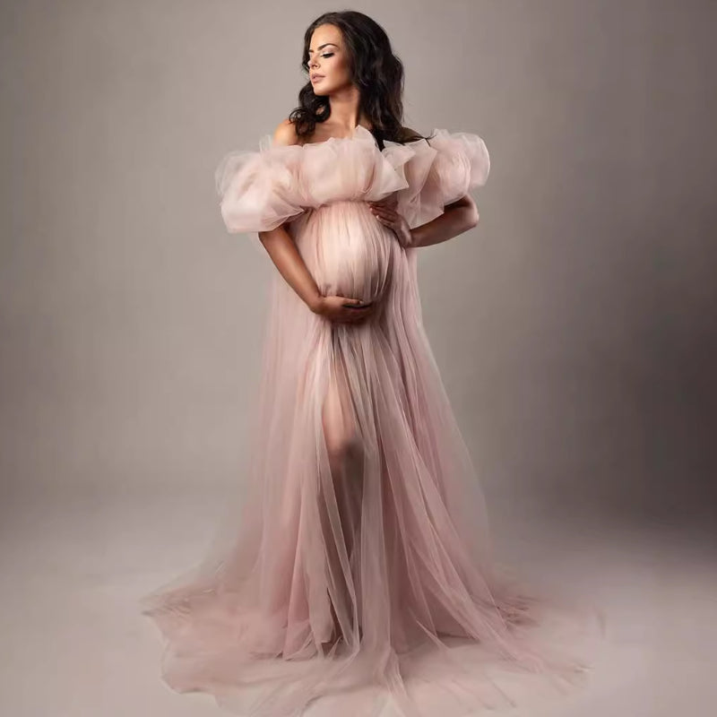 Pregnant women's portrait tulle dress one-shoulder off-the-shoulder split big belly evening dress