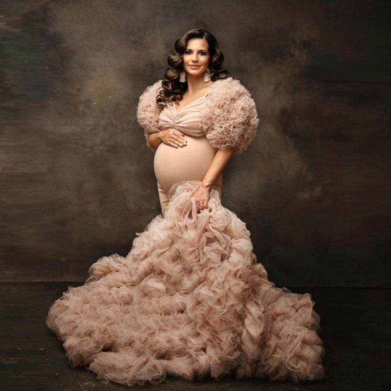 Chic Maternity Tulle Gown Maternity Dress Champagne Tulle Maternity Dresses for Photo Shoot Robe Pregnant Women Formal Gowns