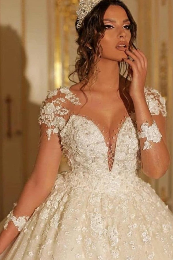 Elegant Long Sleeves Sweetheart Floor Length Wedding Dress With Lace Appliques
