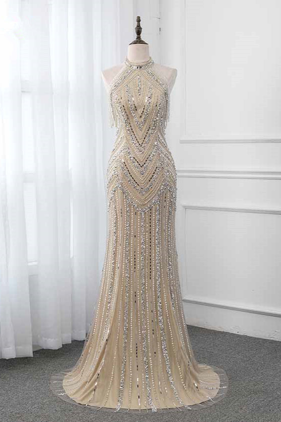 BMbridal Gorgeous High Neck Sleeveless Mermaid Prom Dress With Rhinestones