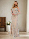 Champagne Mermaid Long Prom Dress Off Shoulder Corset Beaded Sequin Gown