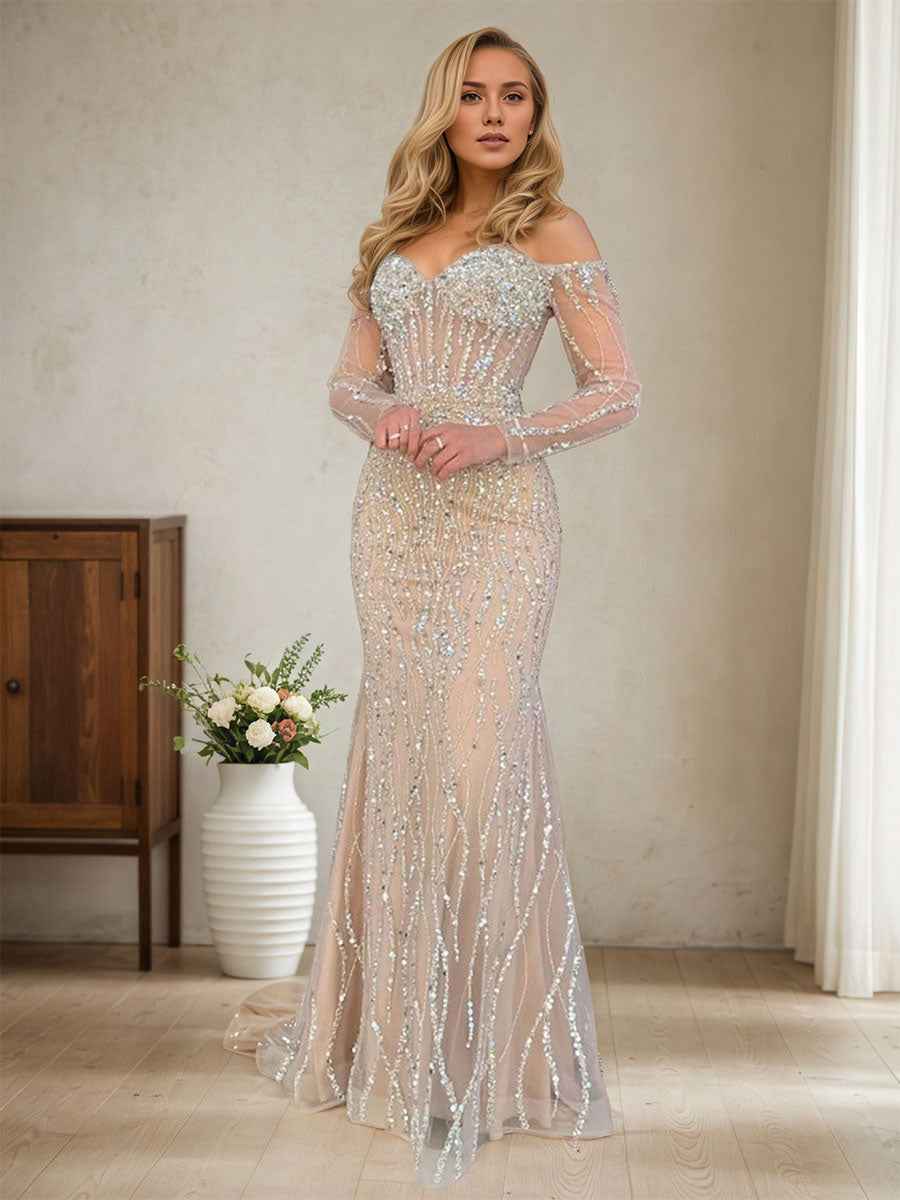 Champagne Mermaid Long Prom Dress Off Shoulder Corset Beaded Sequin Gown