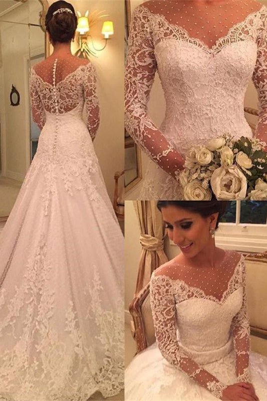Glamorous Princess Long Sleeves Wedding Dress With Lace Appliques And Pearls