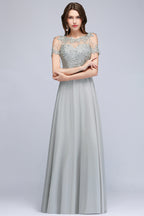 BMbridal Short Sleeve Lace Appliques Chiffon A Line Floor Length Prom Dress