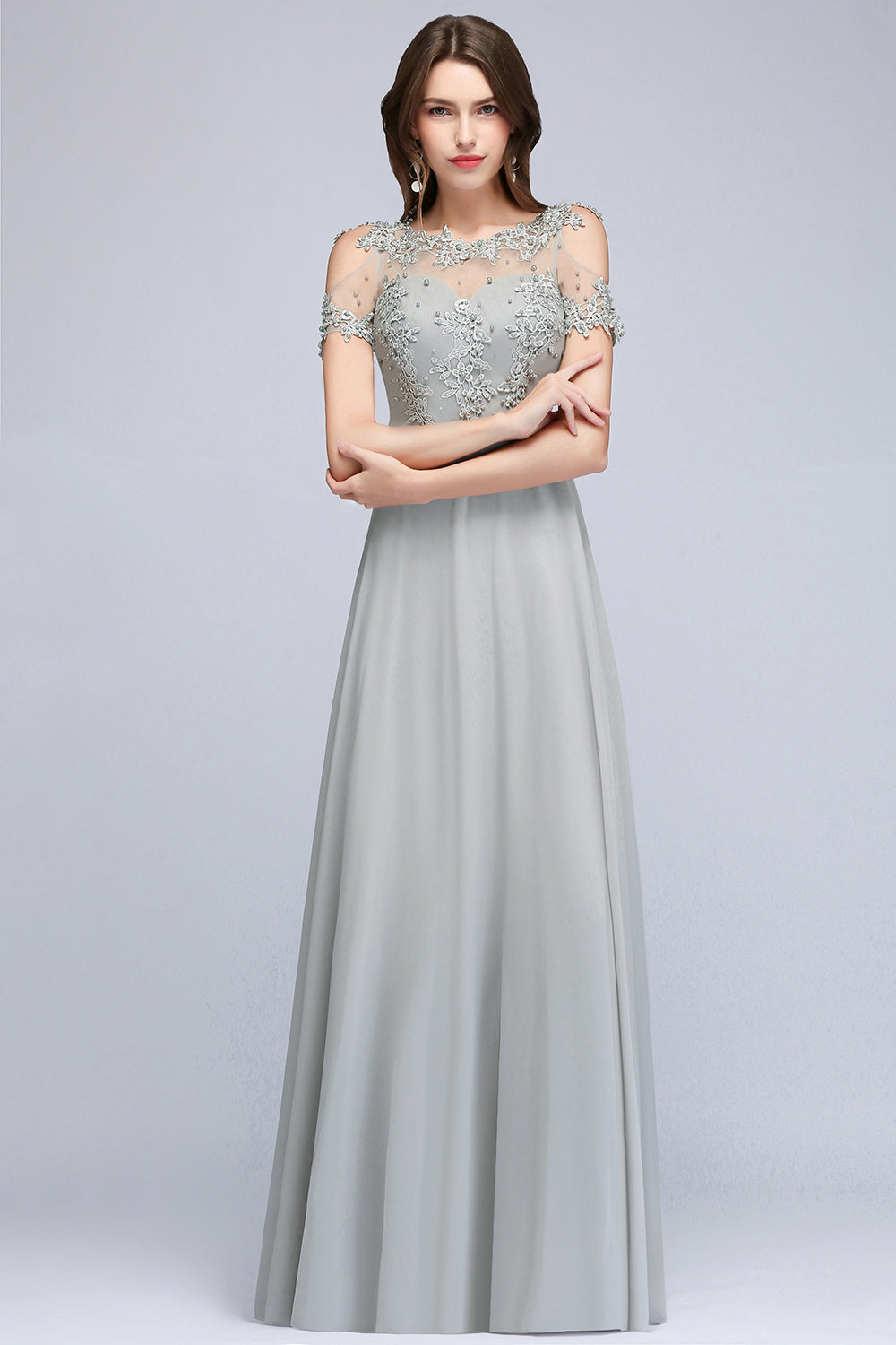 BMbridal Short Sleeve Lace Appliques Chiffon A Line Floor Length Prom Dress