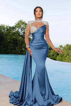 Bmbridal Purple Long Sleeves Mermaid Ruffle Gown With Crystals
