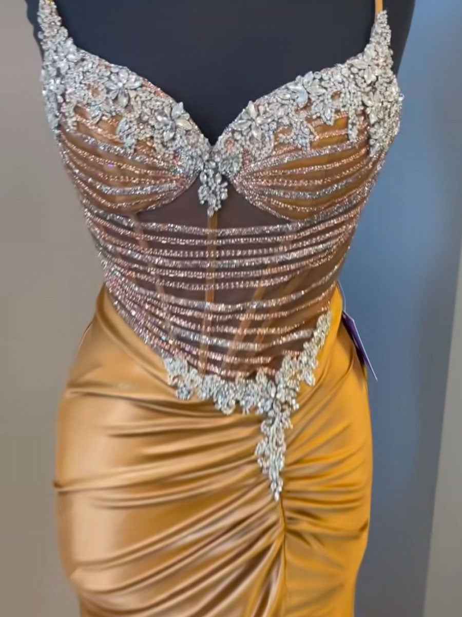 Gold Glamerous Cascading Crystal Beaded Bodice Prom Dress With Slit