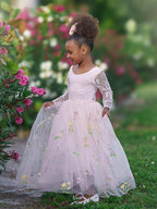 White Floral Lace Tulle Flower Girl Dress A Line Long Sleeve Floor Length