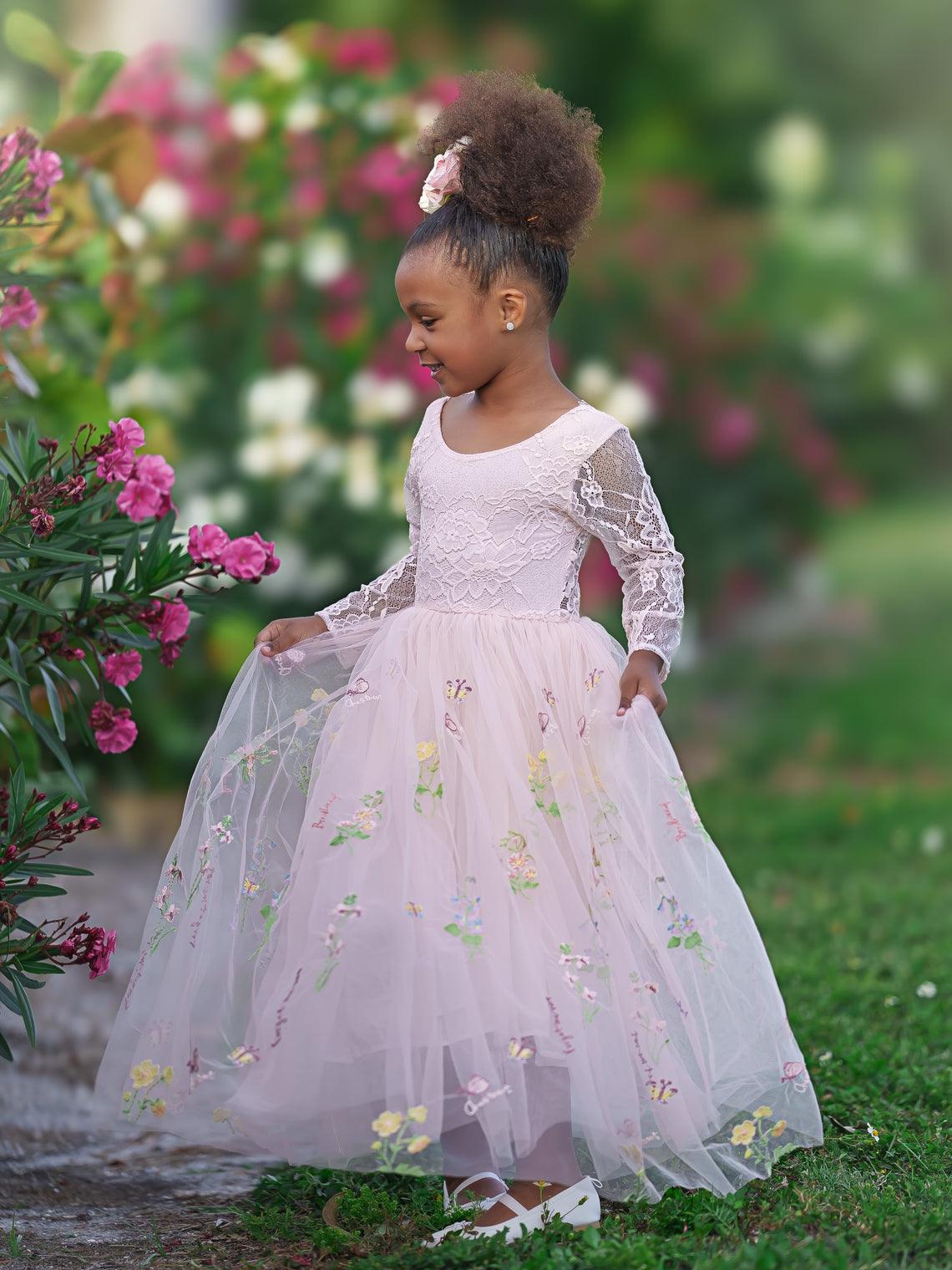 White Floral Lace Tulle Flower Girl Dress A Line Long Sleeve Floor Length